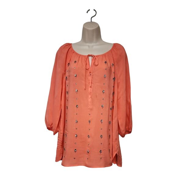 JCP JPPenny Round Neck Semi-Sheer Embellished Long Balloon Sleeve Color Pink - Picture 2 of 10